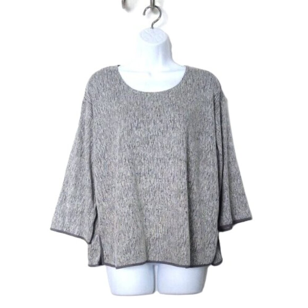 Pure Jill Pullover Top Stretch 3/4 Sleeve Gray & White Linen Cotton Blend EUC  S